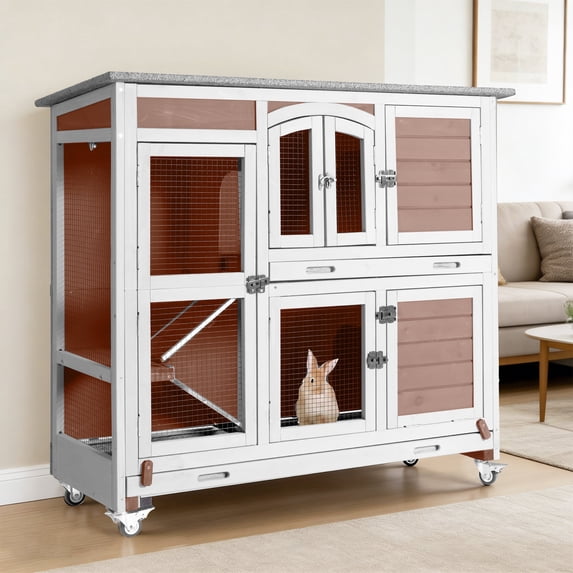 Suumerpety Rabbit Hutch Indoor Bunny House Guinea Pig Cage with Slide-Out Tray Wooden Small Animal Cage with Wheels & Ramp for Rabbits and Bunnies