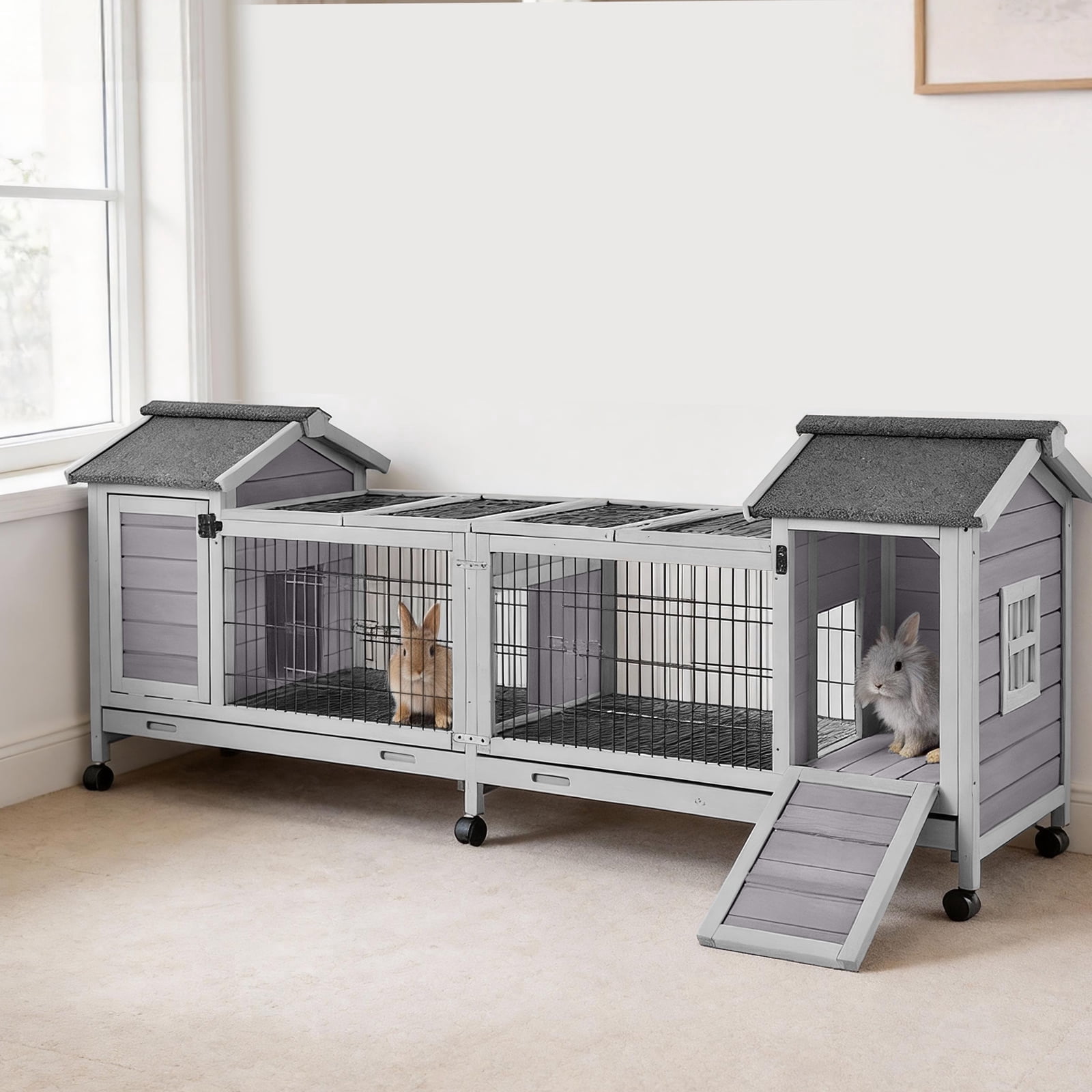 Suumerpety Rabbit Hutch Indoor Large Bunny Cage with Double House and Run Outdoor Guinea Pig House On Wheels for Bunny and Other Small Animals
