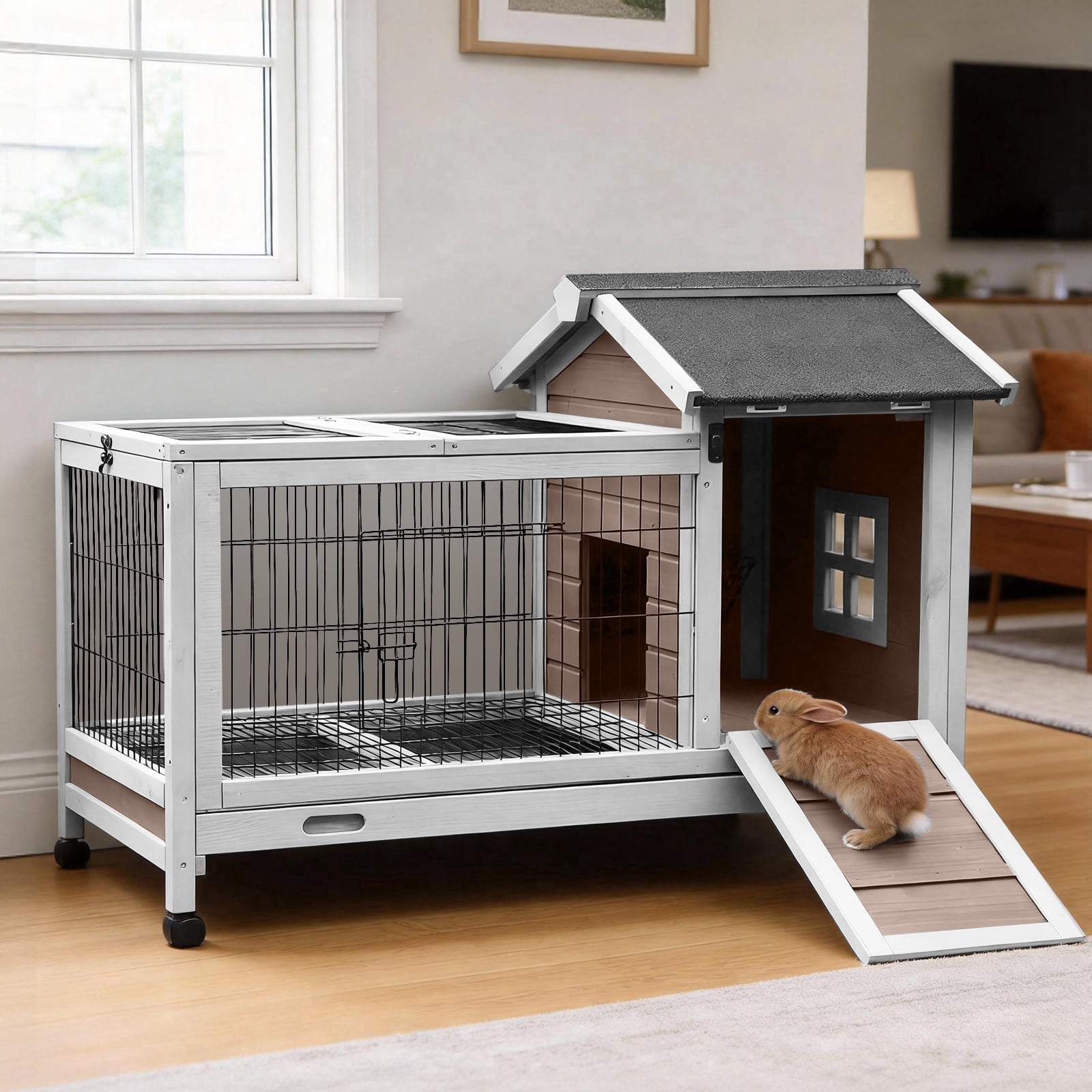 Suumerpety Rabbit Hutch Indoor Rabbit Cage Outdoor Bunny House with Wheels,No Leak Pull Out Tray