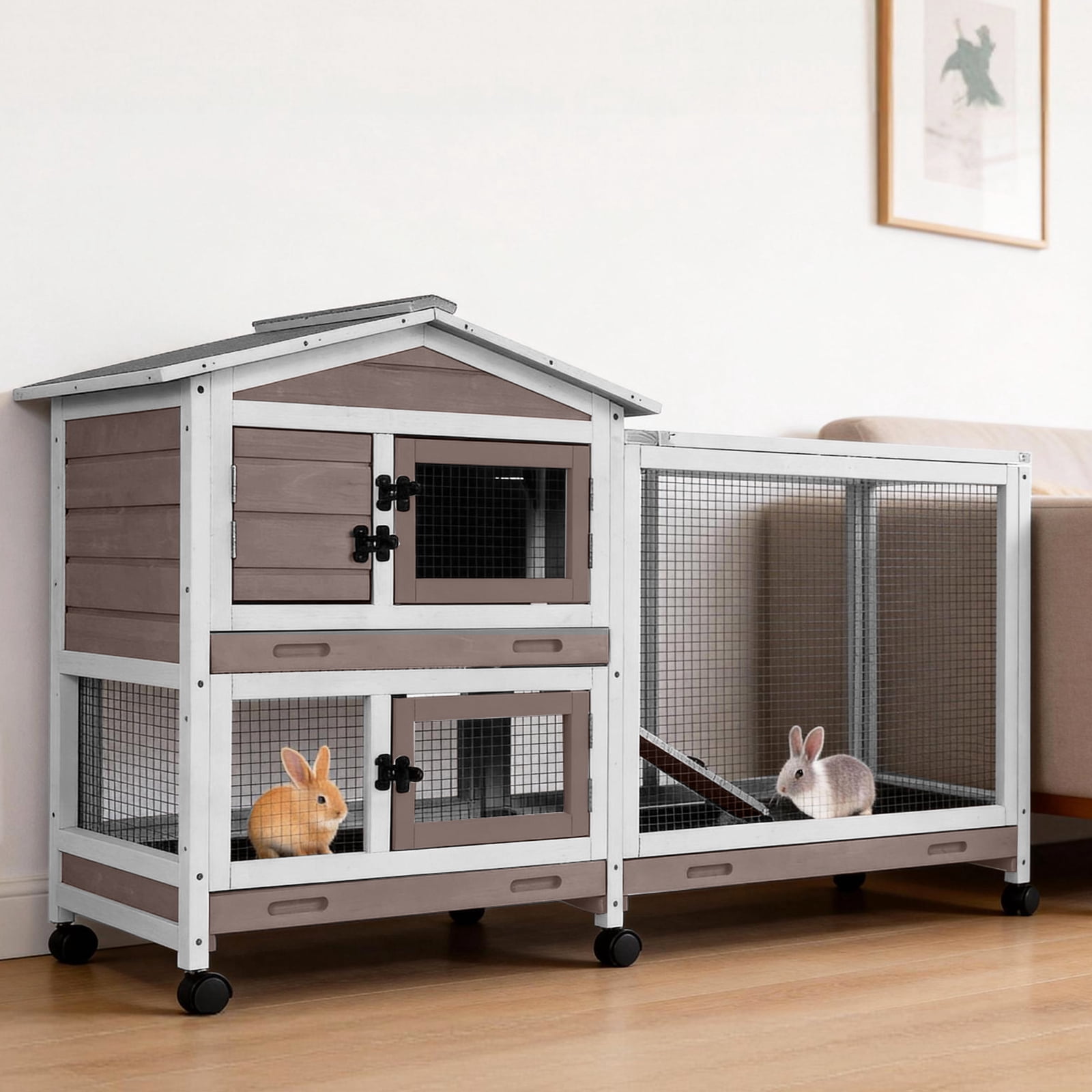 Suumerpety Rabbit Hutch on Wheels Indoor Rabbit Cage Outdoor Bunny Hutch with 3 Plastic Trays & Anti-Chew Ramp Metal Frame Guinea Pig Cage Brown
