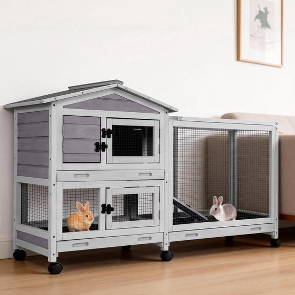 Suumerpety Rabbit Hutch on Wheels Indoor Rabbit Cage Outdoor Bunny Hutch with 3 Plastic Trays & Anti-Chew Ramp Metal Frame Guinea Pig Cage Gray