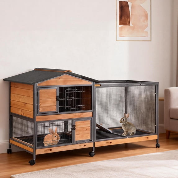 Suumerpety Rabbit Hutch on Wheels Indoor Rabbit Cage Outdoor Bunny Hutch with 3 Plastic Trays & Anti-Chew Ramp Metal Frame Guinea Pig Cage Natural