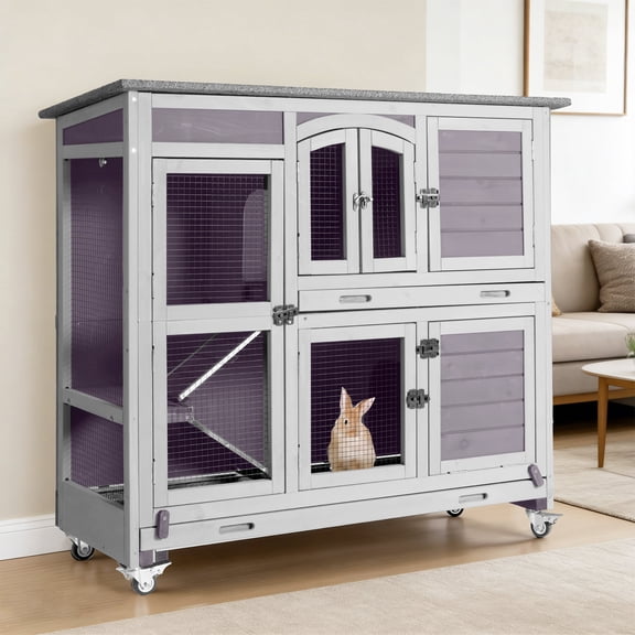 Suumerpety Rabbit Hutch with Wheels, Two Story Indoor Bunny Cage Outdoor Guinea Pig Cage with 2 Deep No-Leak Plastic Trays & Easy Mobility