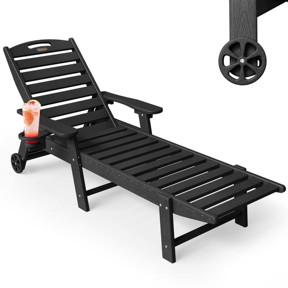 Black Lounge Chair Outdoor with Wheels Oversized Chaise Lounge Chair HDPE 6 Positions Cup Holder for Patio Pool