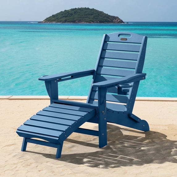 Folding Adirondack Chair with Ottoman HDPE Patio Chair Pull Out Footrest with 2 Cup Holders Garden Lawn Navy
