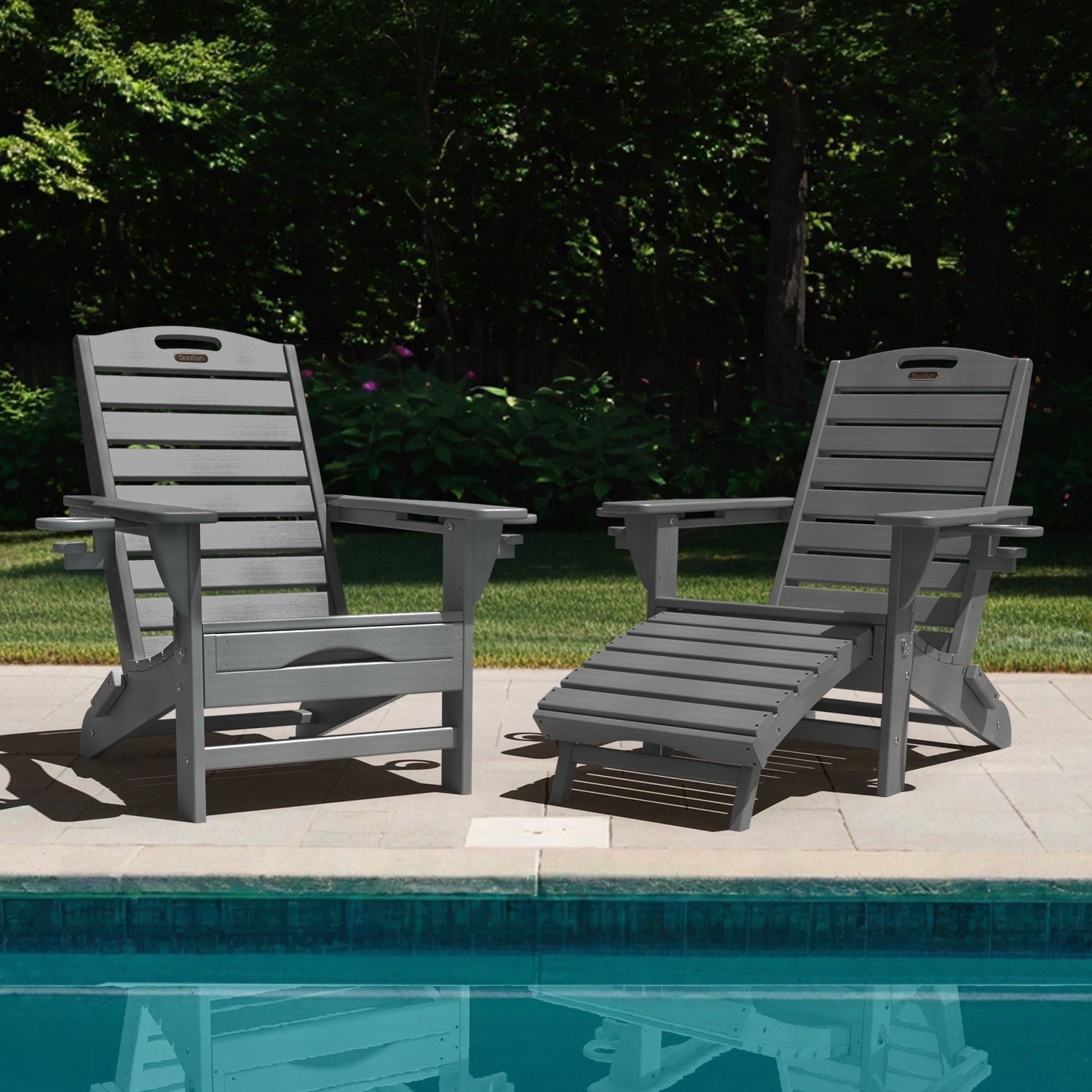 Folding Adirondack Chair with Ottoman Set of 2 HDPE Outdoor Chair Pull Out Footrest with 2 Cup Holders Garden Lawn Grey