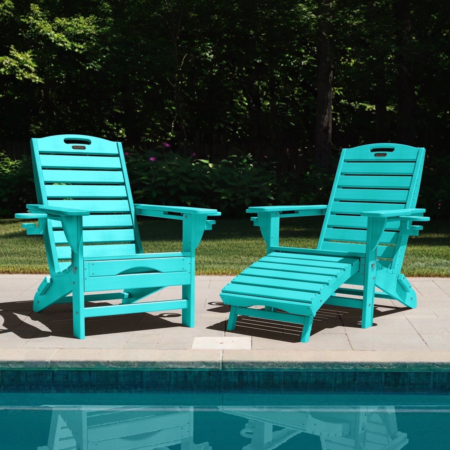 Folding Adirondack Chair with Ottoman Set of 2 HDPE Patio Chair Pull Out Footrest with 2 Cup Holders Garden Lawn Lake Blue