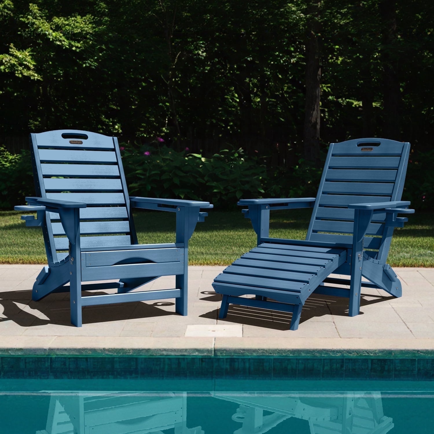 Folding Adirondack Chair with Ottoman Set of 2 HDPE Outdoor Chair Pull Out Footrest with 2 Cup Holders Garden Lawn Navy