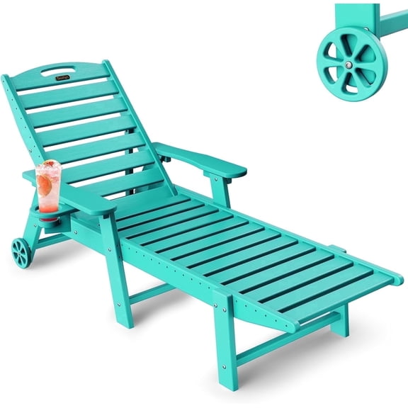Lounge Chair Outdoor with Wheels Oversized Chaise Lounge Chair HDPE 6 Positions Cup Holder for Patio Pool Blue