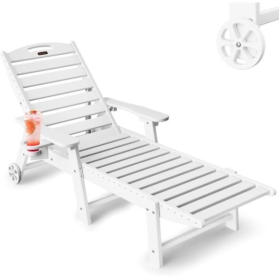 White Lounge Chair Outdoor with Wheels Oversized Chaise Lounge Chair HDPE 6 Positions Cup Holder for Patio Pool