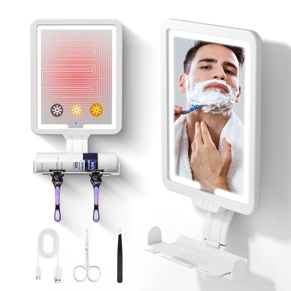 Suupvaor LED Fogless Shower Mirror with Lighted Tricolor, Razor Holder, Touch Sensor, Mirror for Shower, White