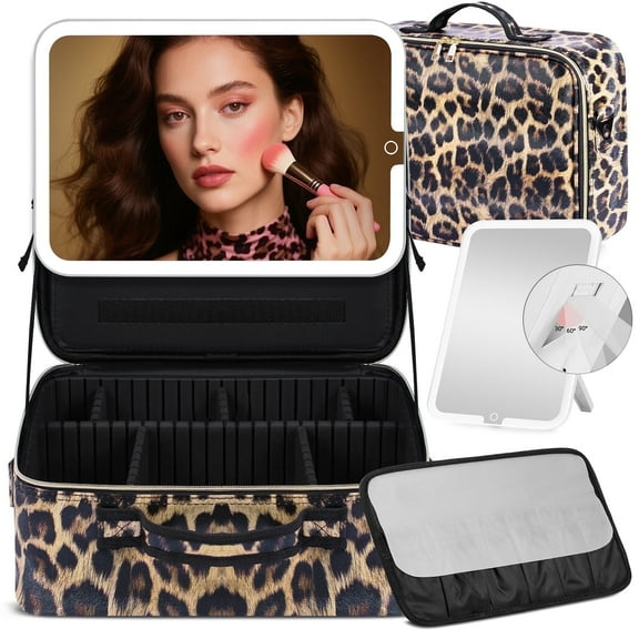 Suupvaor Leopard Print Cosmetic Bag Train Case, 7.6L Large Capacity with LED Lighted Mirror, Ideal for Travel Makeup Storage, 15" x 11" x 5.5"