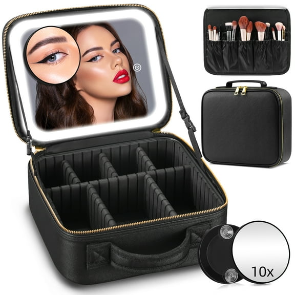 Suupvaor Lighted Travel Makeup Case with LED Vanity Mirror, Adjustable Dividers, 10x Magnifying Mirror, Black