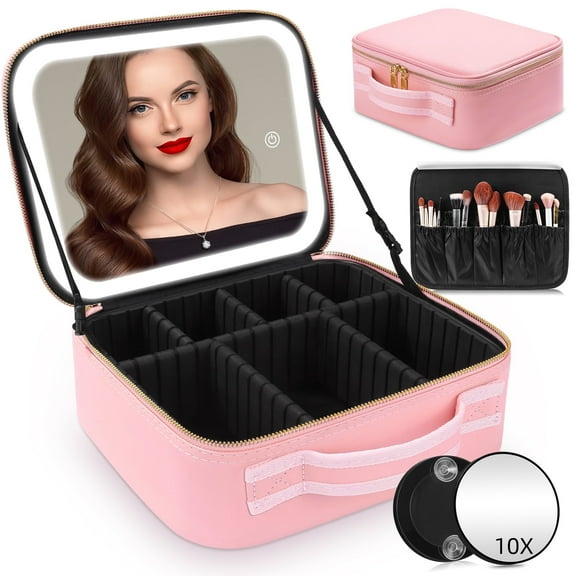 Suupvaor Travel Makeup Bag, LED Lights, Adjustable Dividers, Detachable 10x Magnifying glass,Cosmetic Bag Train Case, for Travel with Makeup