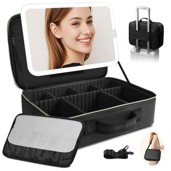Suupvaor cosmetic bag with LED mirror cosmetic case travel portable 3 color light, black, women travel cosmetic bag