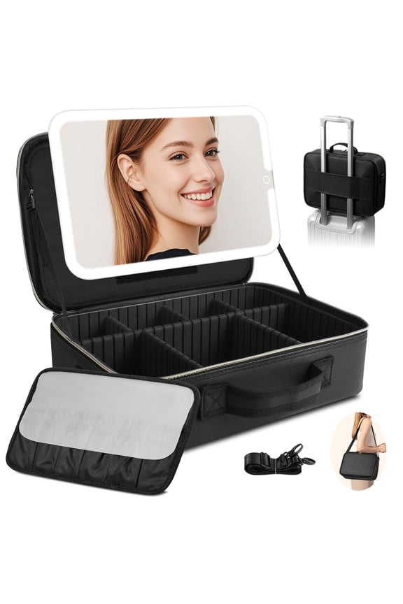 cosmetic bag with LED mirror cosmetic case travel portable 3 color light, black, women travel cosmetic bag