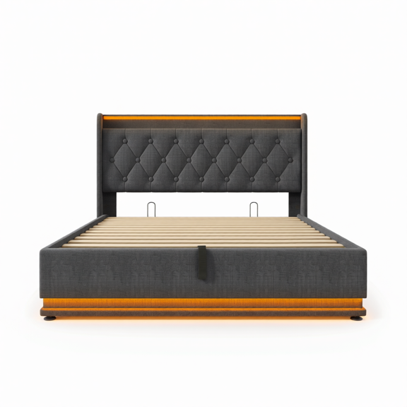 Suvantis Queen Upholstered Bed with 360 LED Lights, App & Remote Control, Hydraulic Storage, USB-C Charging, Gray Linen
