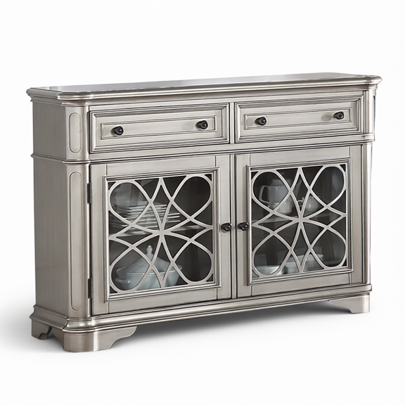 Suvantis Traditional Silver Finish Server Cabinet with Drawers and Storage, Wooden Dining Room Furniture, 1 Piece