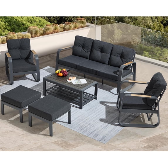 Suvivityse 6-Pcs Aluminum Patio Furniture Set with coffee table Outdoor Conversation Sofa Set include adjustable 3-seater Sofa, 2 Hydraulic Chair , 2 Ottoman for Balcony, Garden, Poolsid(Grey)