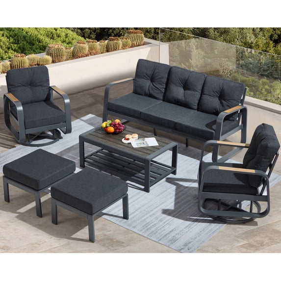 Suvivityse 6-Pcs Aluminum Patio Furniture Set with coffee table Outdoor Luxury Conversation Sofa Set include adjustable 3-seater Sofa, 2 Swivel Chair , 2 Ottoman for Balcony, Garden, Poolsid (Grey)