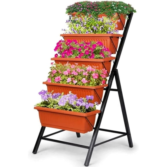 Suyncll Vertical Raised Garden Bed Planter Box,5 Tiers Vertical Garden Planter with Drainage System&4 Hooks for Herb Vegetables Flowers, Brick Red