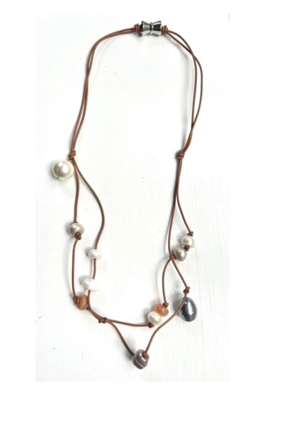 -Brown Freeform Style Agate Stone Shell and Cultured Pearl Necklace, Women, Adult,30 in