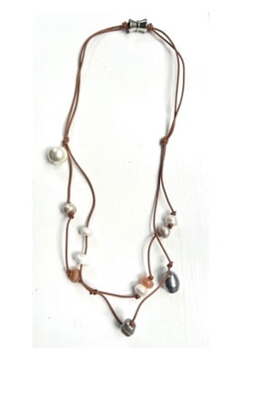 -Brown Freeform Style Agate Stone Shell and Cultured Pearl Necklace, Women, Adult,30 in