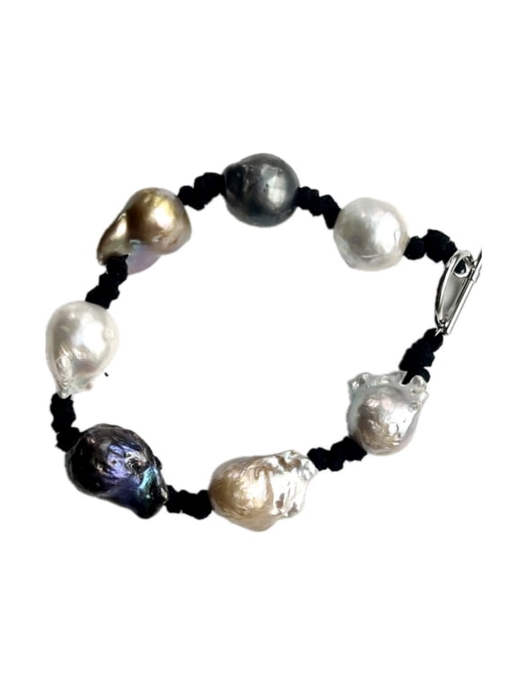 Handknotted Black Leather Freshwater Baroque Pearl Bracelet, Black/White for Adults and Older Teens