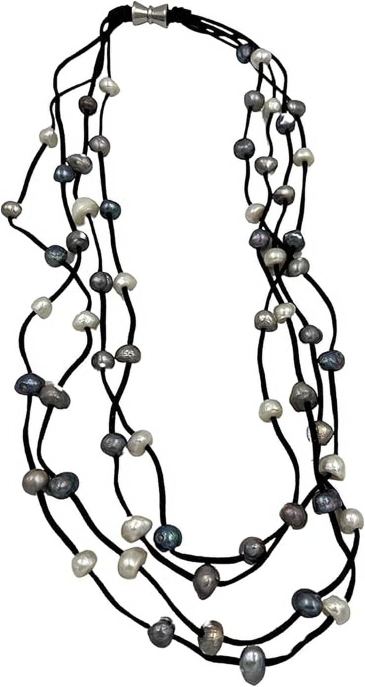 Suzannes Jewelry Multi-Strand Freshwater Cultured Pearl Necklace, 28 in Leather Cord, Magnetic Closure