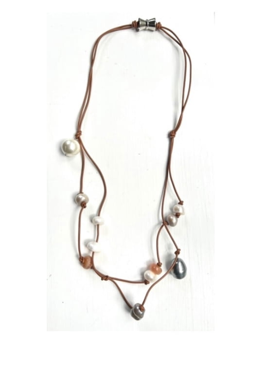 Agate, Shell and Cultured Pearl Necklace, 30", Leather, Women's