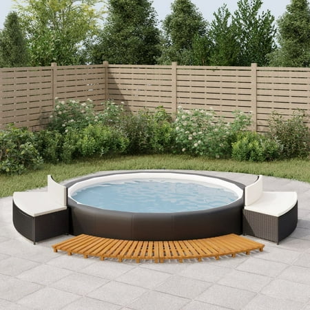 Suzicca Spa Surround Black Poly Rattan and Solid Wood Acacia