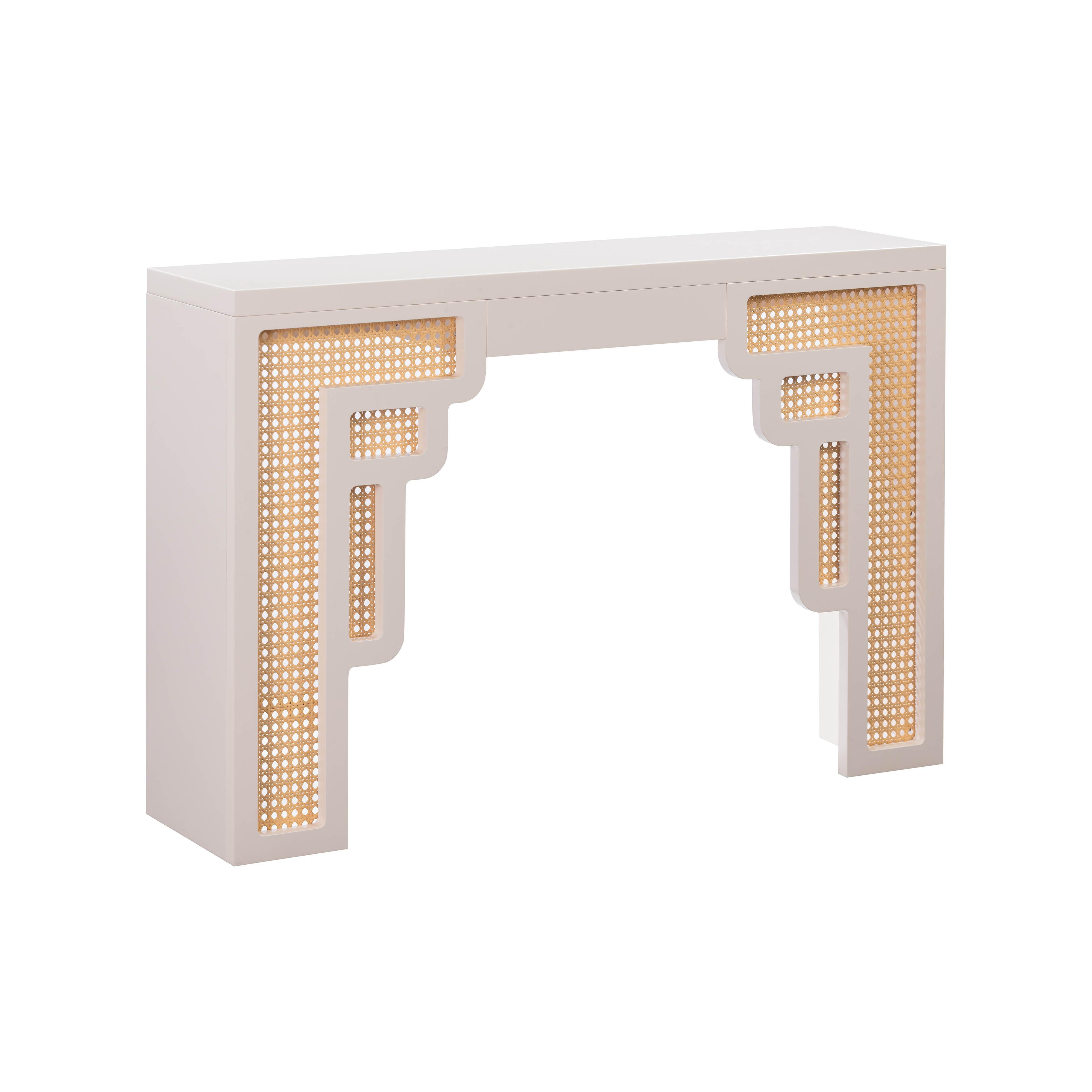 Cream and Rattan Rectangular Console Table with Storage