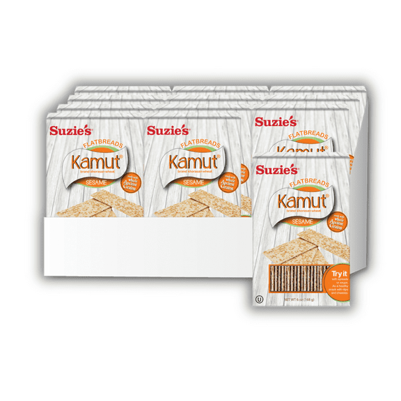 Suzie's Kamut Sesame Flatbread Crackers| Pack of 12 | Low-Fat & Vegan, Kosher, Whoelgrain | Low Carb Healthy Snack Option | 4.5 oz each