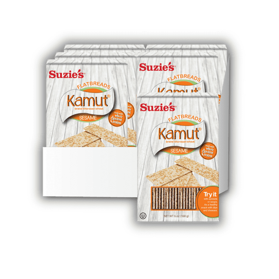 Suzie's Kamut Sesame Flatbread Crackers| Pack of 6 | Low-Fat & Vegan, Kosher, Whoelgrain | Low Carb Healthy Snack Option | 4.5 oz each
