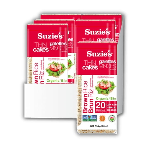 Suzie's Organic Brown Rice Cake Thins|6 Pack|Lightly Salted Low Sodium|USDA Organic, NON-GMO, Fat-Free, Sugar-Free, Gluten-Free|Low-Calorie Snack-21 Calories Per Slice|Bread & Cracker Replacement