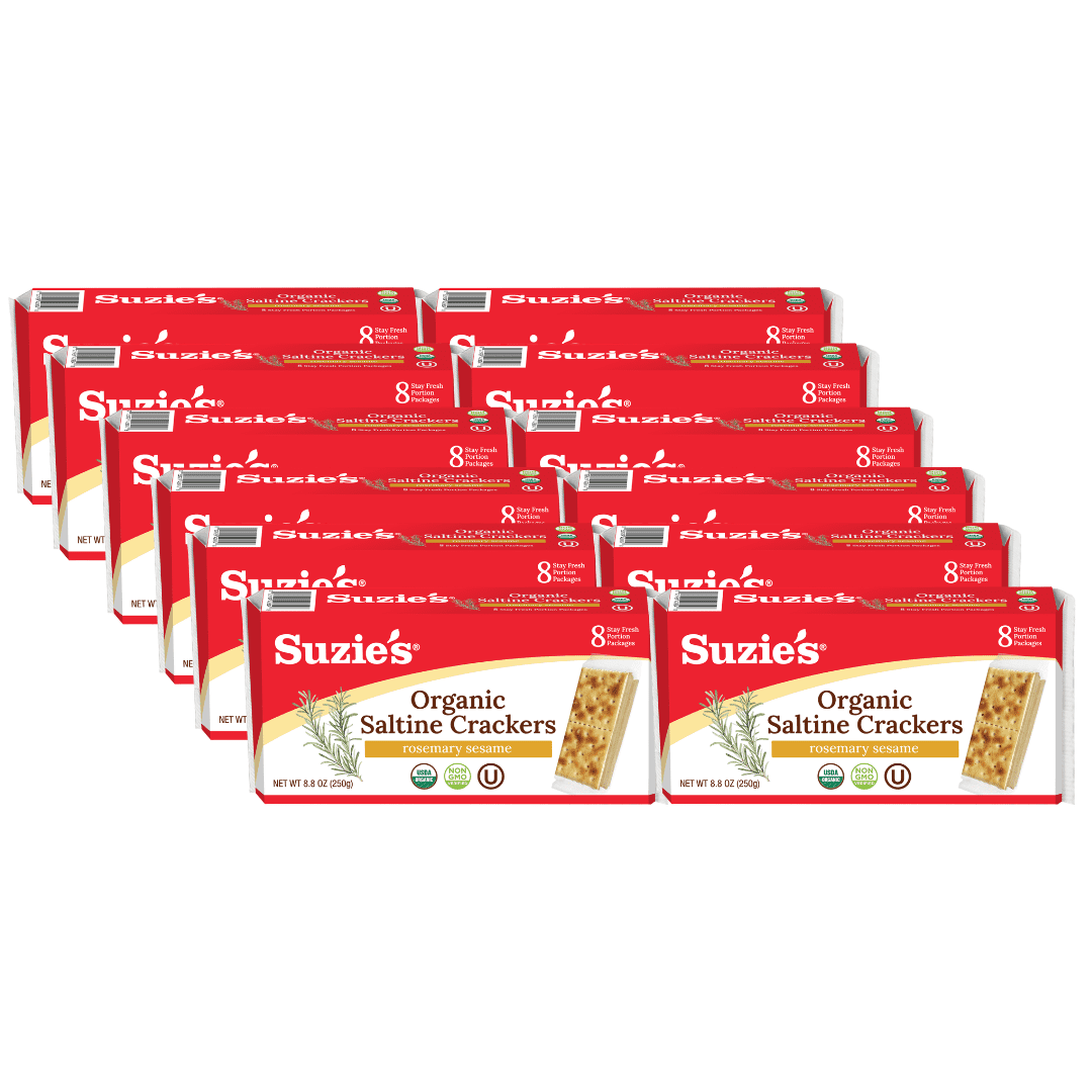 Suzie's Organic Rosemary Sesame Saltines Crackers|Healthy Gourmet Baked Vegan Snack for Adults & Children|Non GMO|12 Fresh Packs (96 individual Stay Fresh Packs) - 8.8oz Each