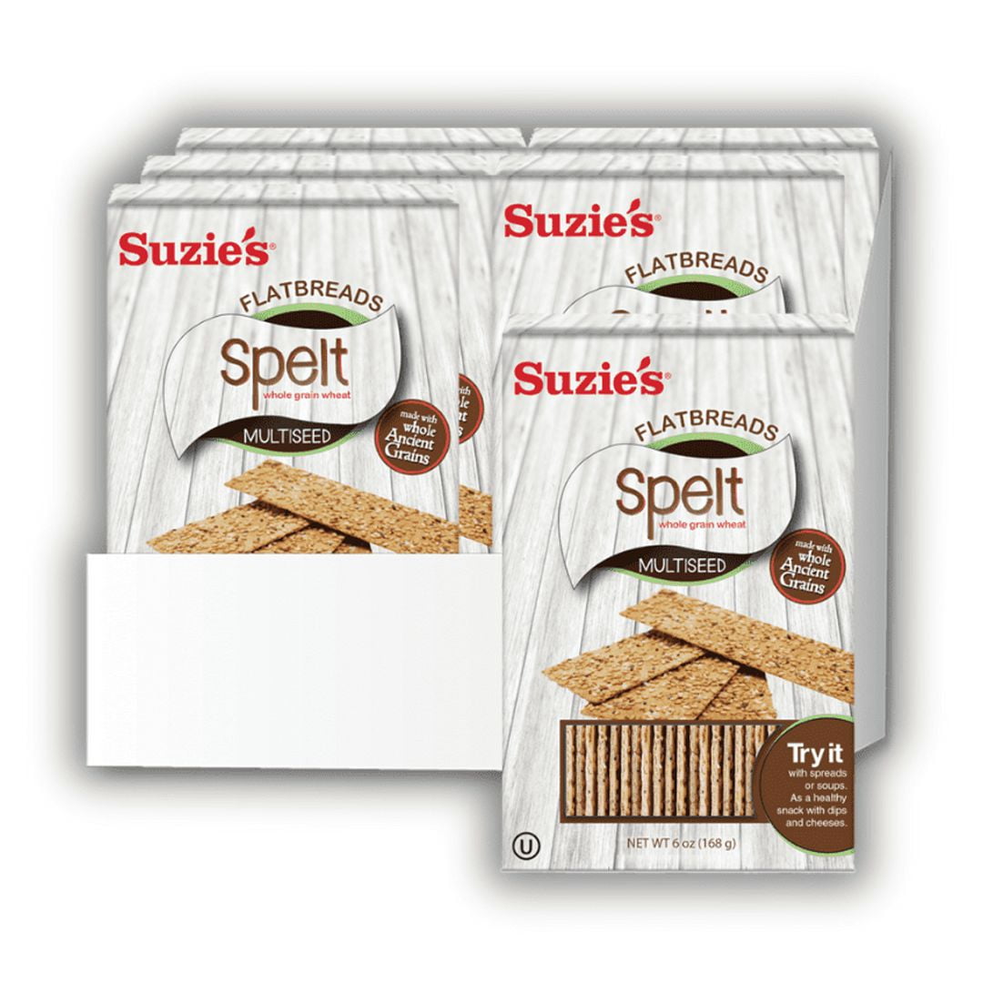 Suzie's Spelt Multi-seed Flatbread Crackers| Pack of 6 | Low-Fat & Vegan, Kosher, Whoelgrain | Healthy Snack Option | 4.6 oz each