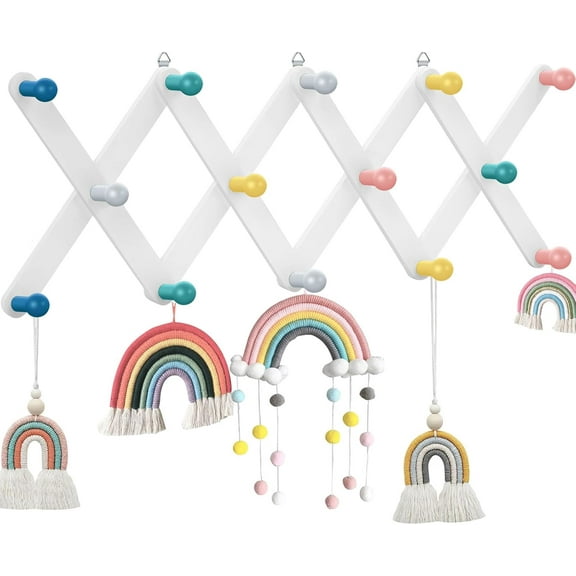 Suzile Kids Coat Rack Wall Mount Expandable Toddler Wooden Hanger Cute Coat Rack Rainbow Accordion Wall Hanger for Kids Children Hanging Backpack Bedroom Classroom Hat Clothes (Soft Color)