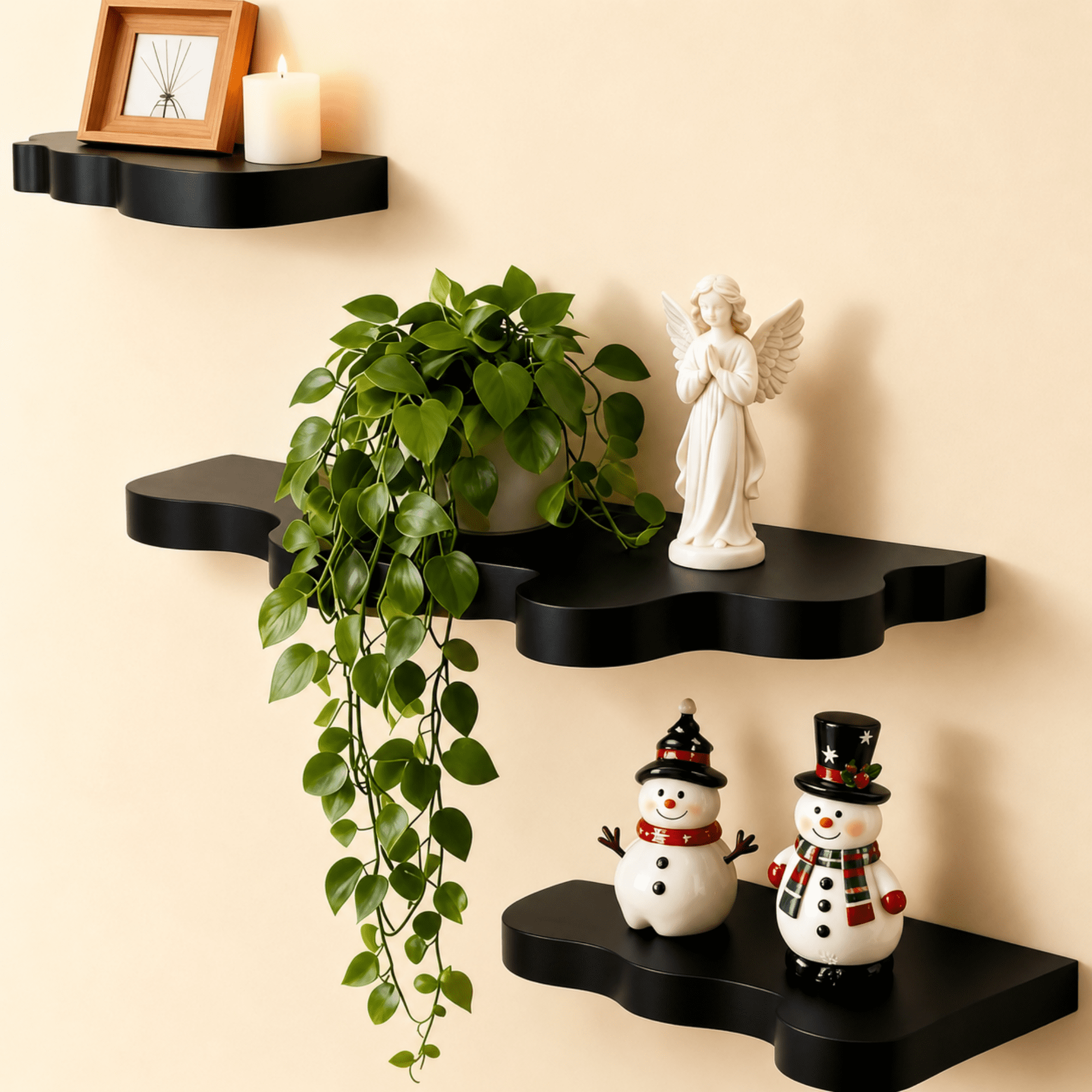 MEHOOM Set of 3 Live Edge Solid Wood Floating Shelves, Rustic Farmhouse Wall Shelves , Decorative Wall Display Shelves for Living Room, Bedroom, Bathroom,Black