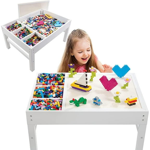 Svan Brick Construction Play Table w 4 Storage Compartments and 1000 Rainbow Bricks - Works w All Major Brands- Build & Stack Block Pieces