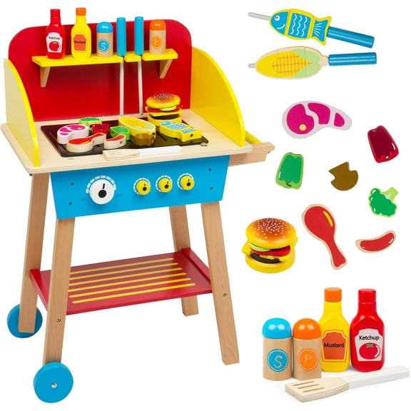 Svan Cook 'N Grill Wood Toy BBQ Set- Pretend Play Wooden Barbeque Food & Grilling Tools for Kids, 30+ Pieces Feat Spatula, Burger & More, Fun Indoor Activity Playset, Daycare, Playroom Centers