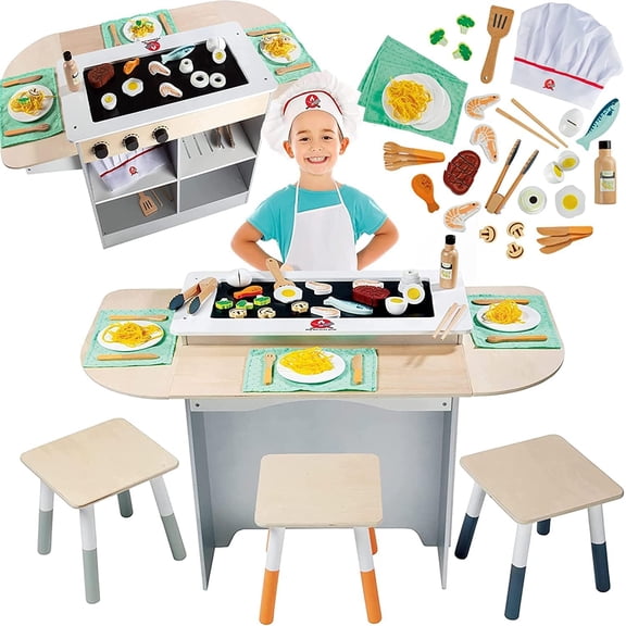 Svan Hibachi Grill Wooden Kids Playset w Stools, Table Settings & Over 25 Toy Food Pieces- Noodles Tongs Meats Veggies- Everything a Little Chef Needs for Pretend Play Indoor Japanese Restaurant