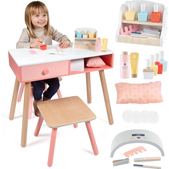 Svan Pretend Nail Salon Wooden Play Set- Run Your Own Salon- Full Playset Includes Nail Polishes, Beauty Caddy, File, Dryer Chair & Stool- Mess-Free, Girls Fun Mani Pedi Manicure Nail Care, for Kids
