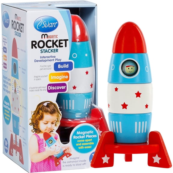 Svan Wooden Stacker Toy Space Rocket - 6 Magnetic Stacking Pieces - Magnet Building Set with Surprise Astronaut Inside