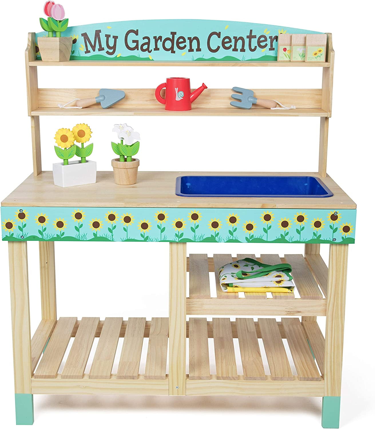 Svan Wooden Toy Gardening Center Indoor Playset - 22 Pc Garden Stand Set w Flowers Seed Packets Pots Shovel Rake Apron Watering Pot- Great Interactive & Fun Pretend Playtime