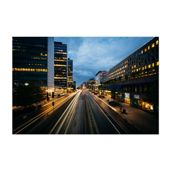 Sveavägen at Twilight - Stockholm Sweden Photography City Nightlife Skyline Architecture Street Photography Travel Poster Modern Art Unframed Wall Art Print 32 x 48 inches