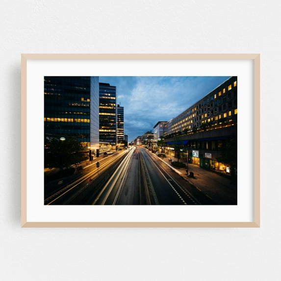 Sveavägen at Twilight - Stockholm Sweden Photography Oak Framed Wall Art Print 20 x 30 inches