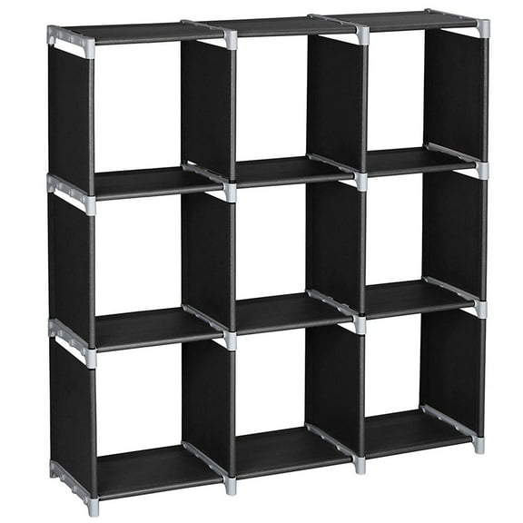 Svebake 3 Tiers 9 Compartments Black Bookcase, Multifunctional Storage Shelf for Home and Office