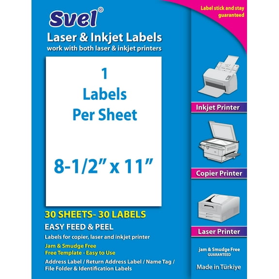 Svel 8.5 x 11 Full Sheet Labels for Laser & Inkjet Printers, Permanent Self Adhesive Address Mailing Multipurpose Stickers Papers 30 Labels 8.5”x11” (30 Sheets)