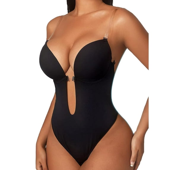 Sveltors Black Thong Shapewear Bodysuit for Women Tummy Control Plus Size Plunge Backless Body Shaper Fajas